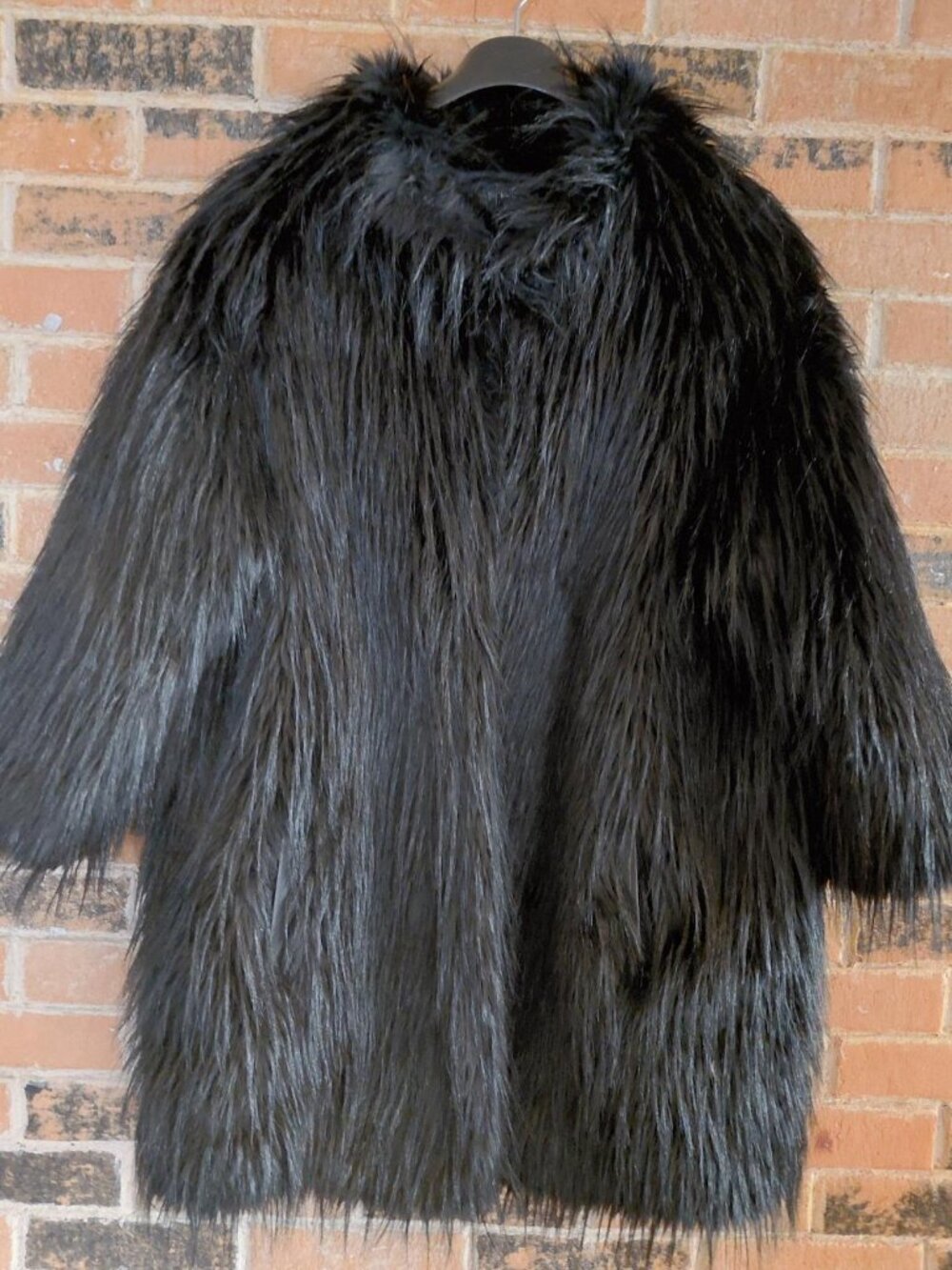 Via Spiga Black Shaggy Faux Fur 3/4 Length Jacket